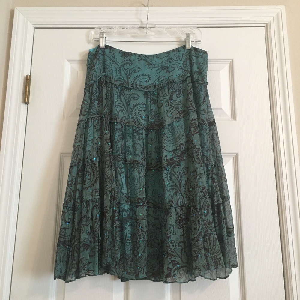 Turquoise Paisley Tiered Skirt with Sequins